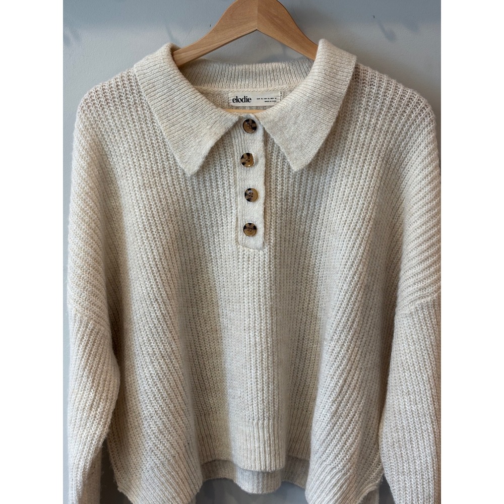 Elodie Cream Ribbed Knit Collared Button Up Sweater with Tortoise Buttons - Picture 2 of 5